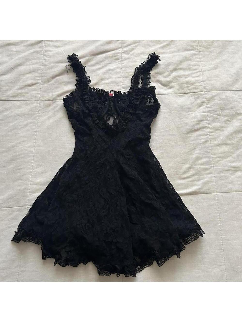 Black lace babydoll dress with pink rose and beaded details Size small - Picture 6 of 8
